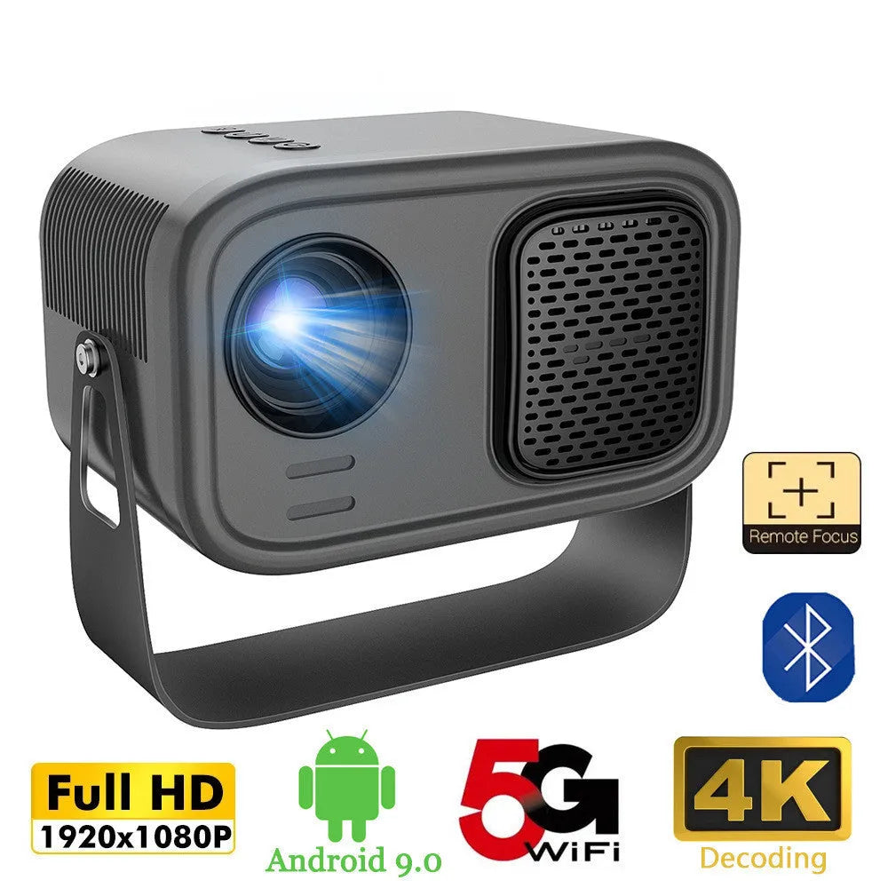 Black portable smart projector with remote control showing 720p HD resolution and Android system