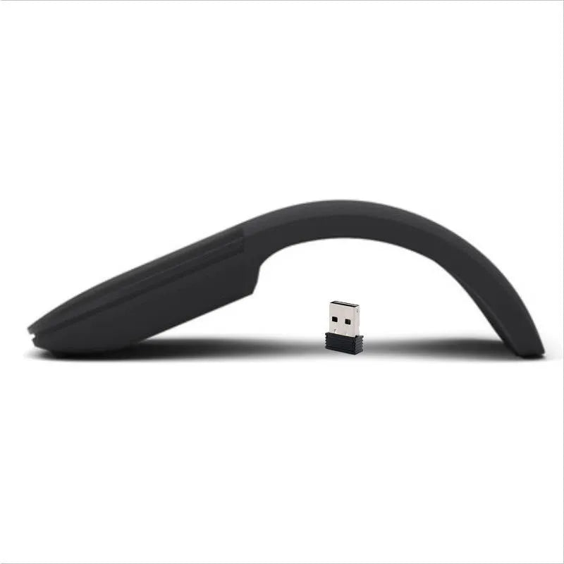 Black folding Bluetooth wireless mouse showing compact 14.5mm thickness beside unfolded 131.2mm measurement