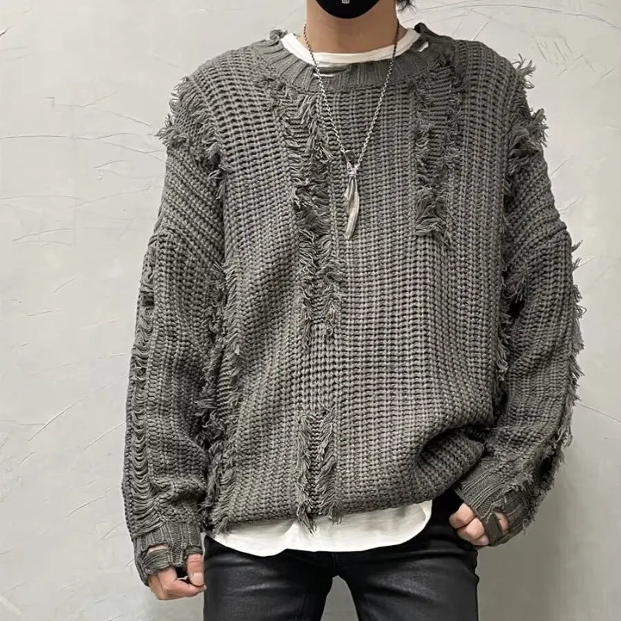 Loose fit tassel ripped knit sweater in cotton blend polyester available in black gray red yellow pink