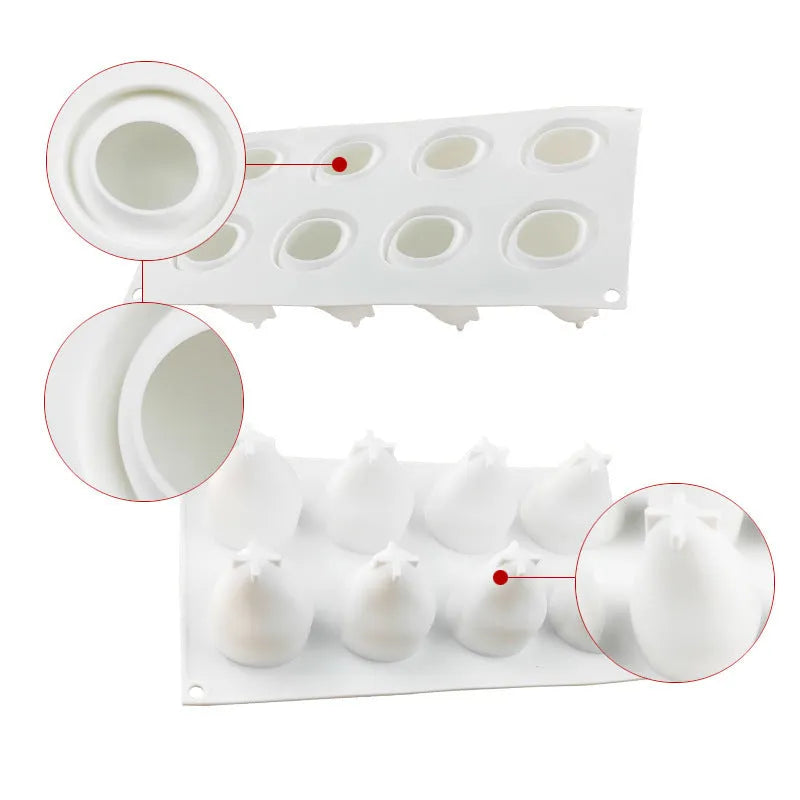 Set of six flexible silicone baking moulds showing pear, pine cone, and pineapple fruit designs.
