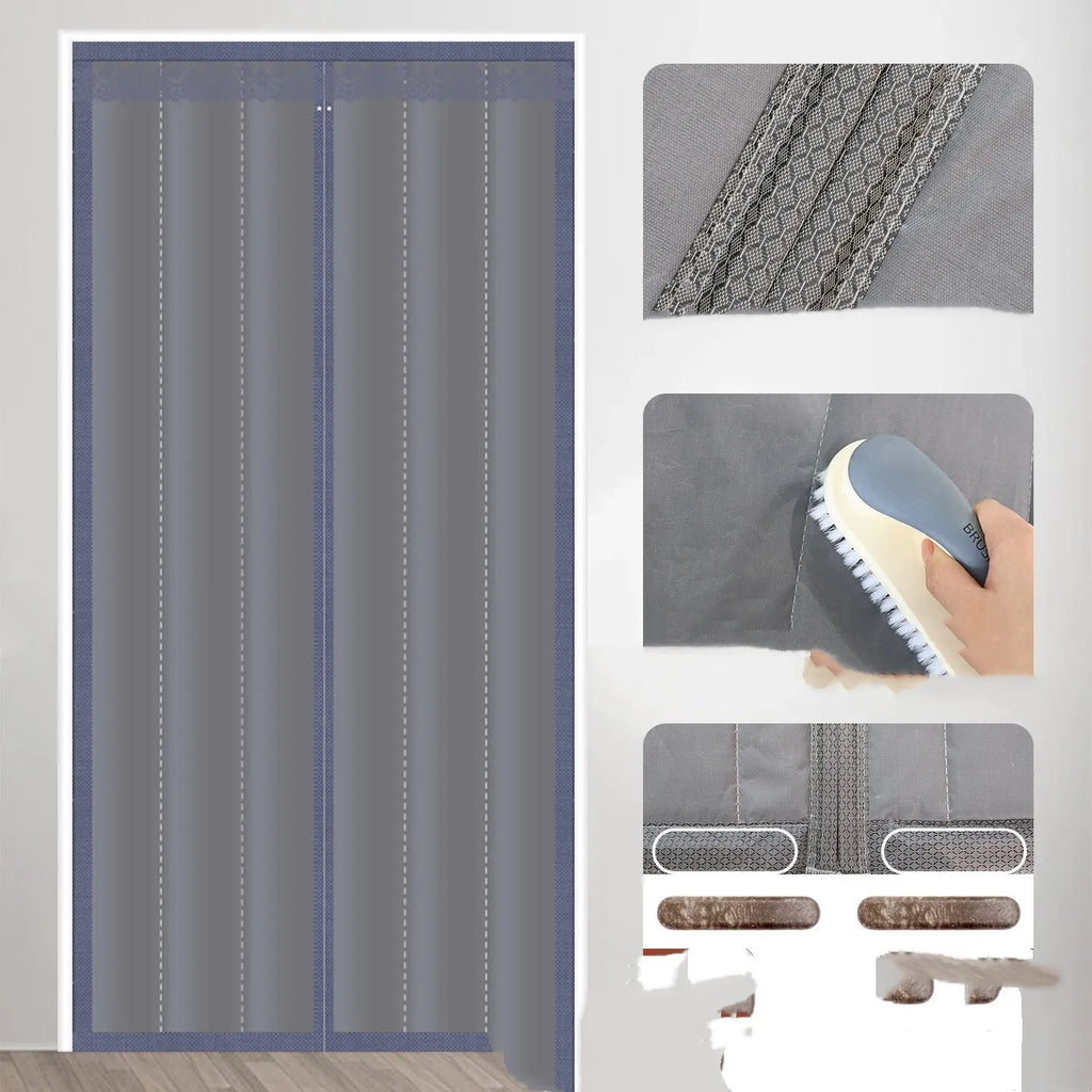 Full seam long magnetic strip cotton door curtain in New Chinese style hanging in a doorway.