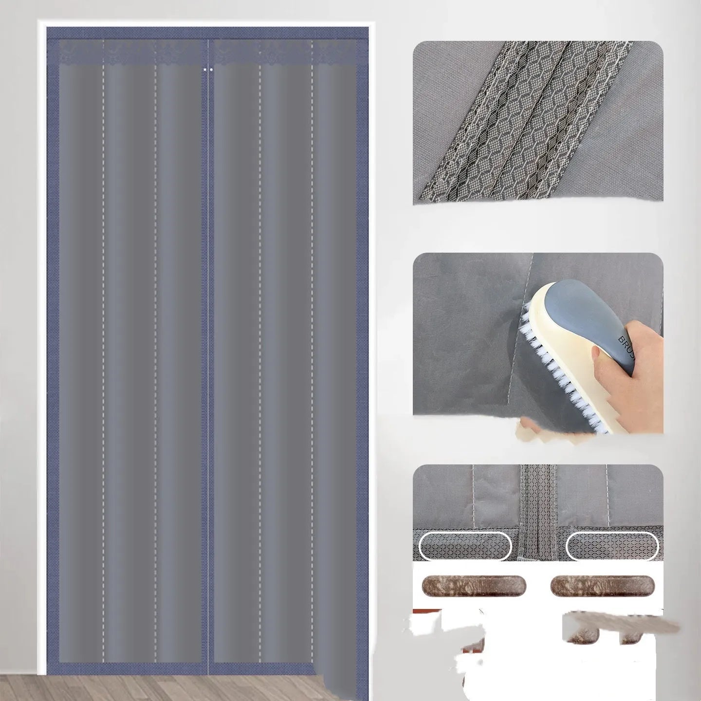Full seam long magnetic strip cotton door curtain in New Chinese style hanging in a doorway.