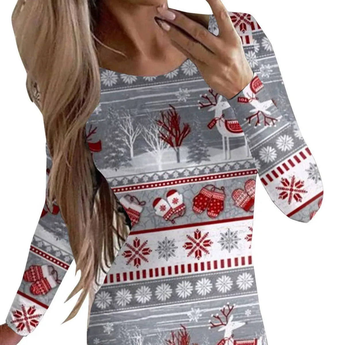 Women's Christmas printed dress with animal patterns, round neck, long sleeves in floral colours