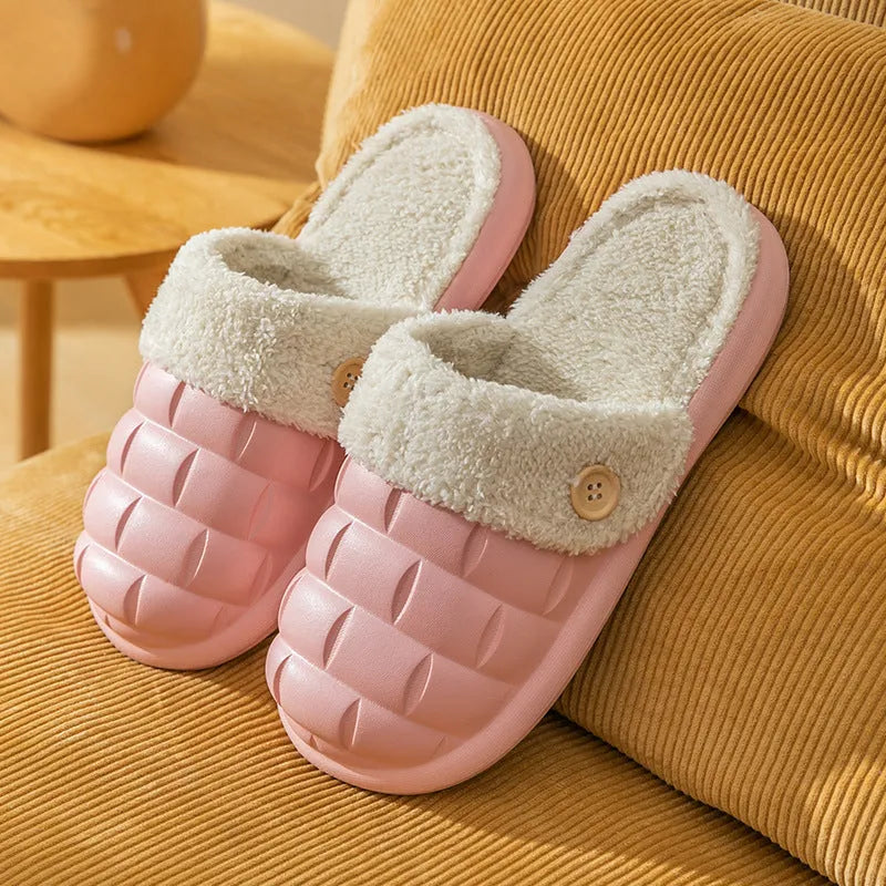 Plaid detachable slippers showing EVA construction and plush lining in pink, green, yellow, white, grey, or black.
