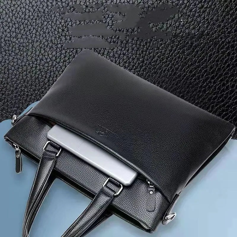 Men's black PU leather business messenger bag with crossbody shoulder strap showing splicing design