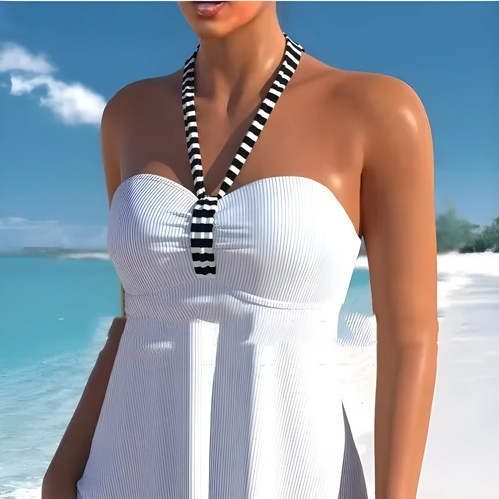Women's black and white striped off-shoulder swimsuit briefs set