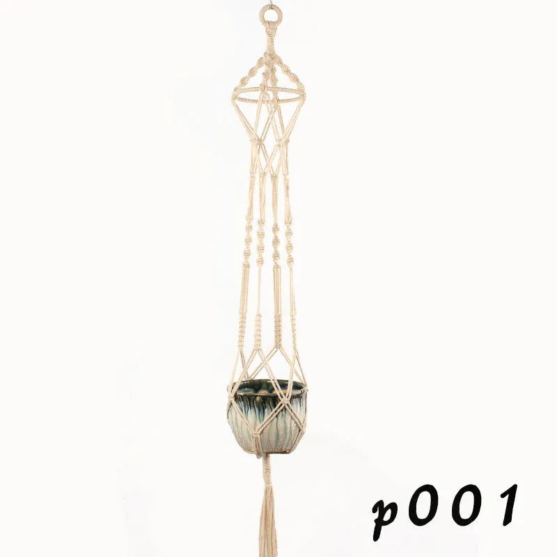 Woven wire plant hanger with cotton rope and jute twine in multiple style configurations