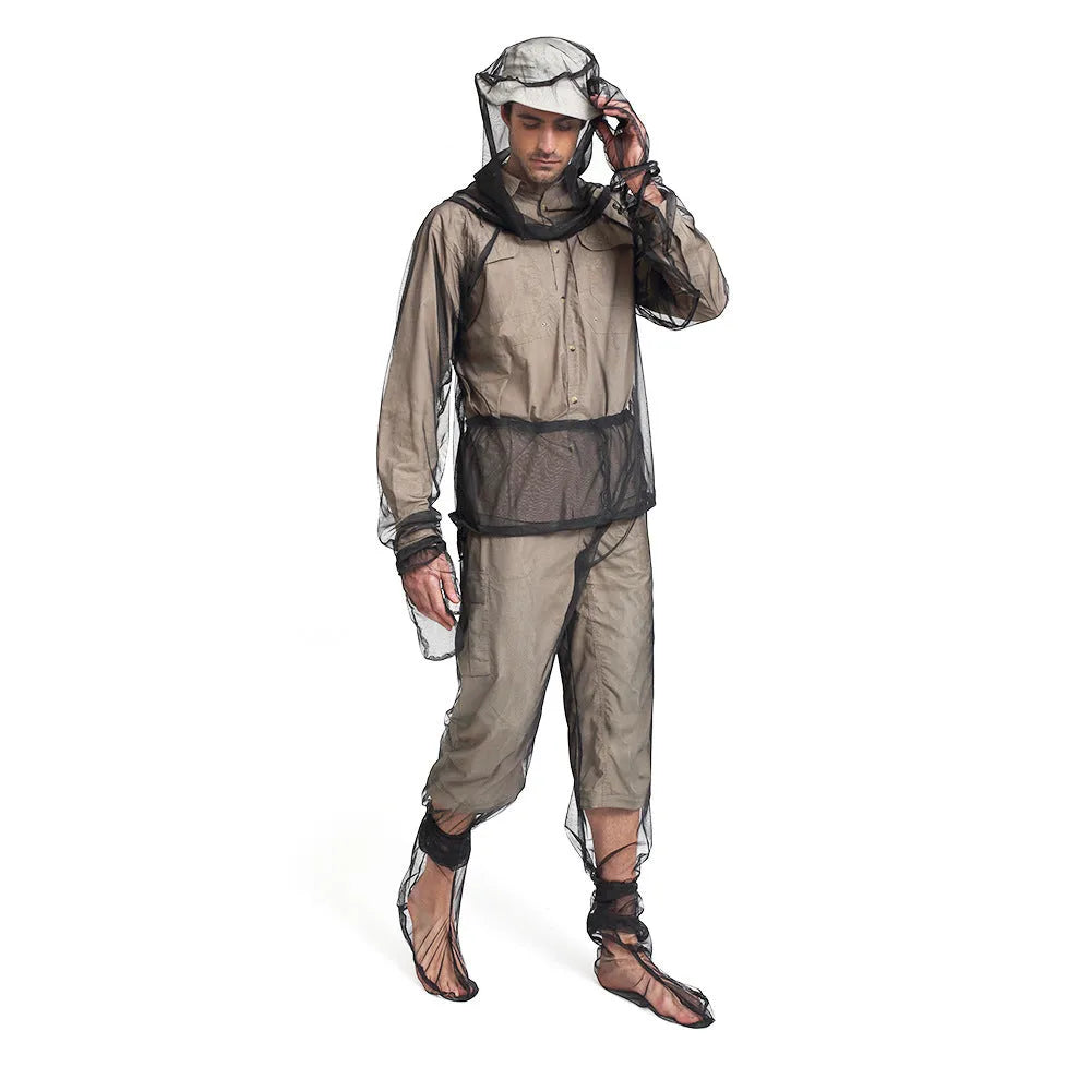 Full four-piece anti-mosquito suit set including hooded mesh top, pants, and protective booties for outdoor activities
