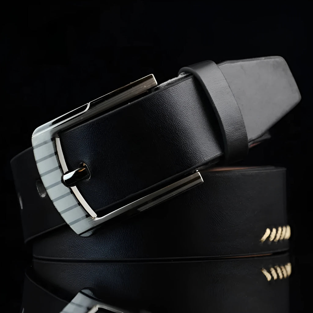 Men's brown retro pattern belt with a silver alloy pin buckle on a white background.