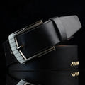 Men's brown retro pattern belt with a silver alloy pin buckle on a white background.