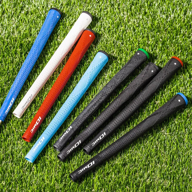 TPE non-slip golf club grip shown in multiple colour options including red, blue, and black.