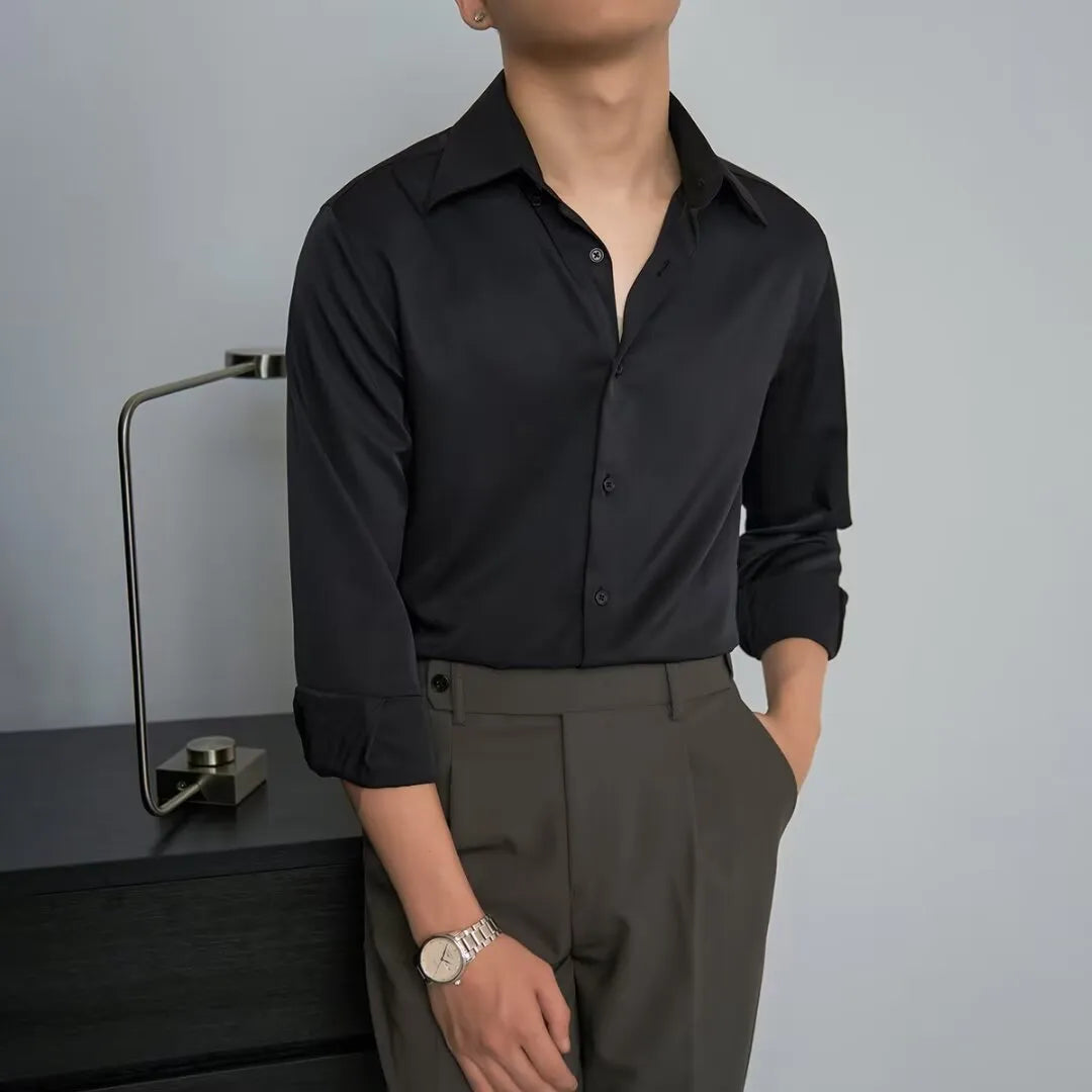 Men's black Korean style cardigan shirt with Japanese retro design and long sleeves