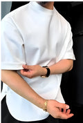 White men's buttoned t-shirt with round hem design shown in multiple size options