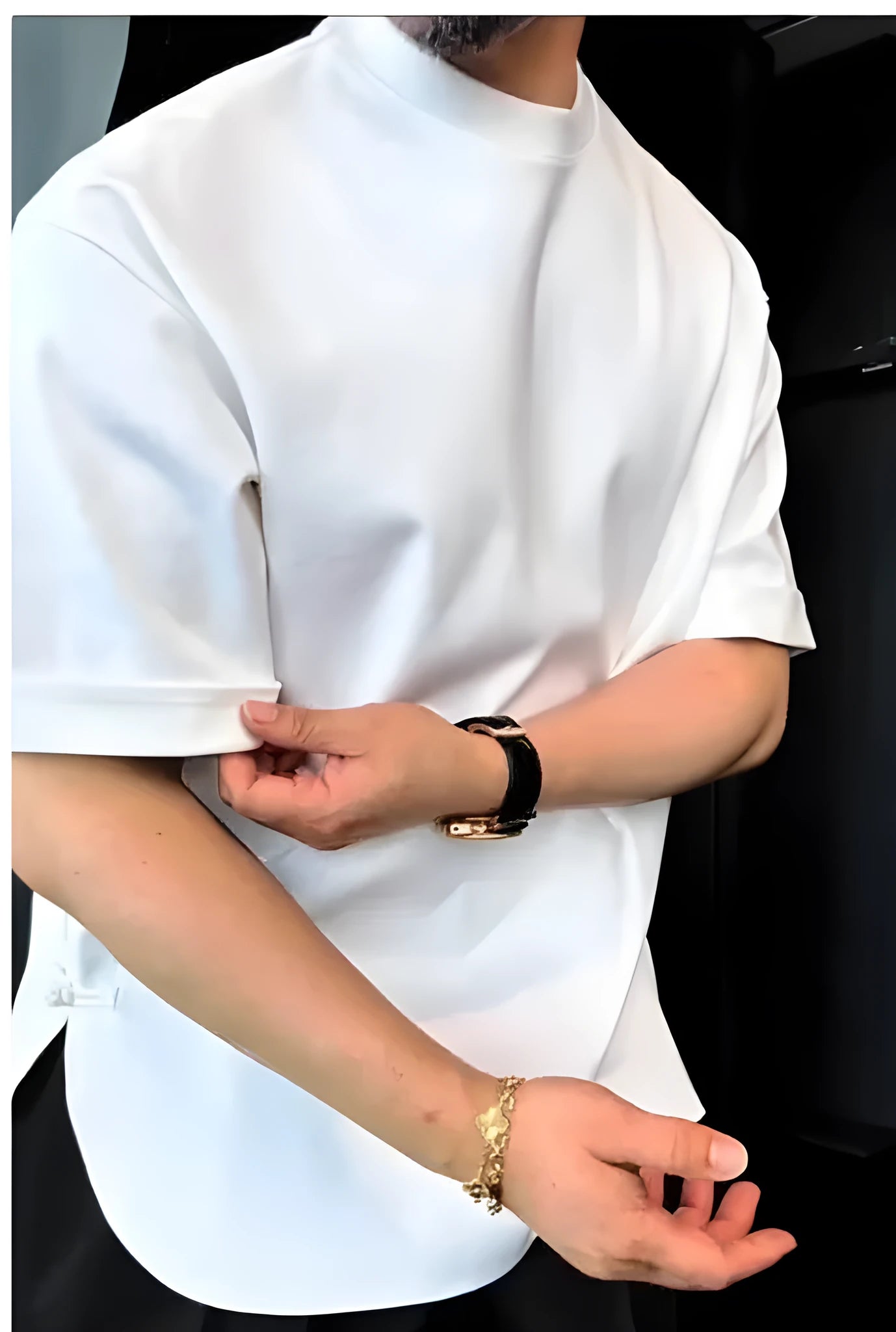 White men's buttoned t-shirt with round hem design shown in multiple size options