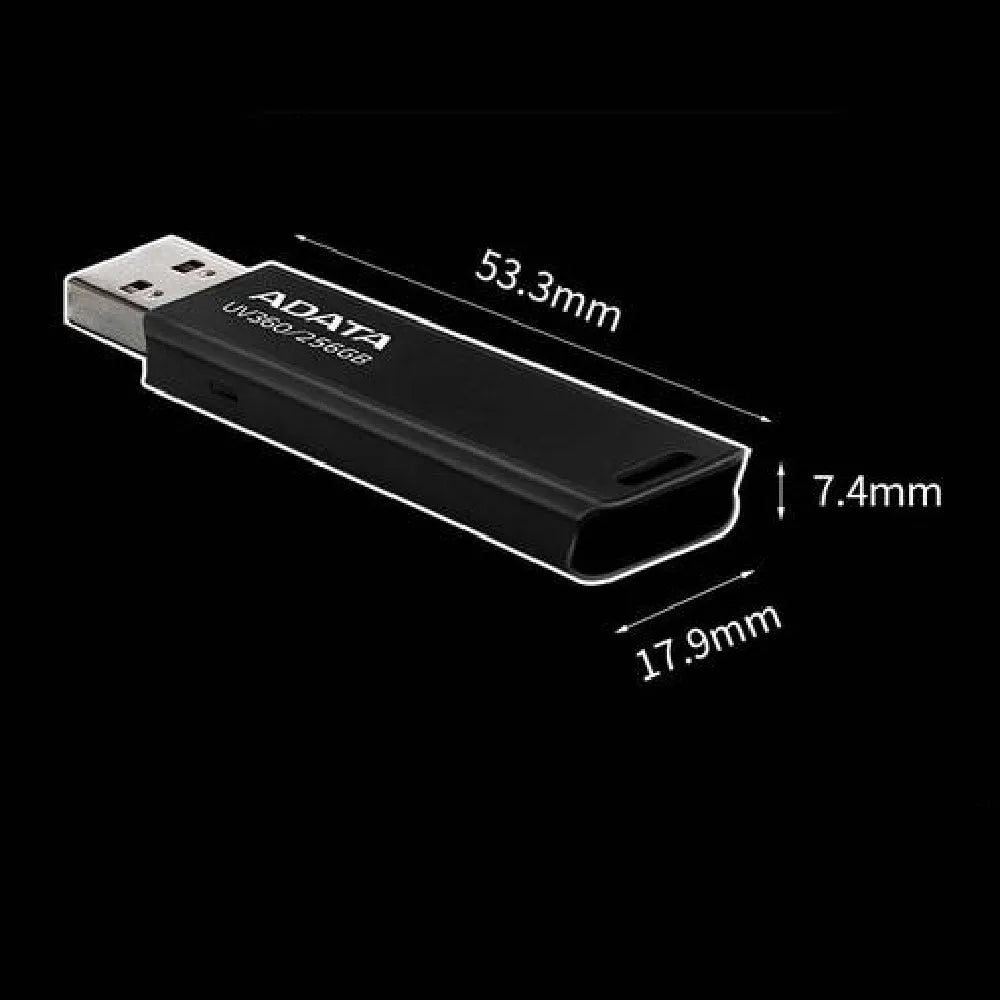 Black plastic USB flash drive showing front view with dimensions 53.3mm by 17.9mm.