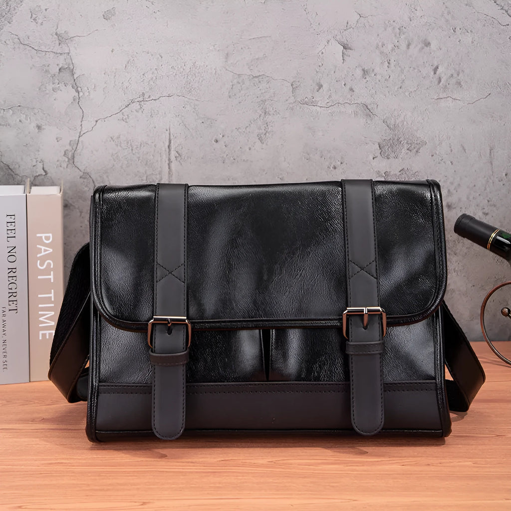 Black Korean-style men's commuter backpack with anti-theft feature and sewing thread detailing.
