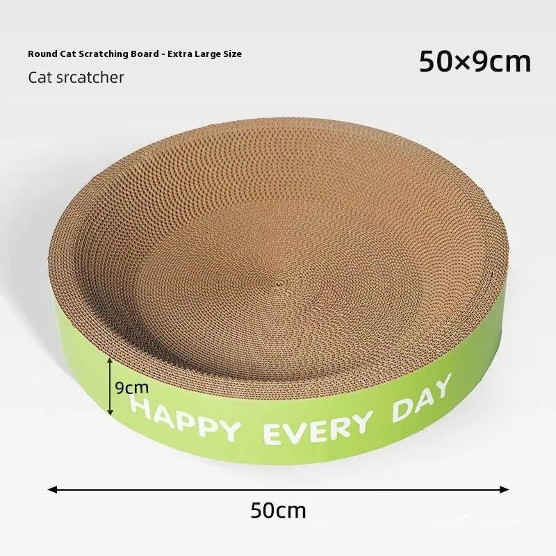 Green round cat nest with integrated sisal scratching surface, shown flat and assembled.