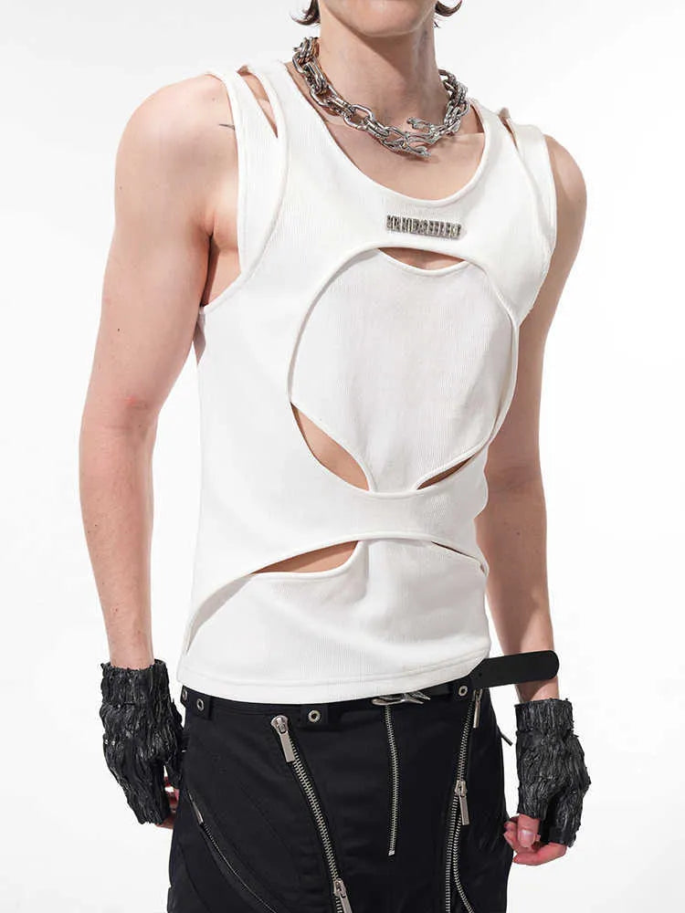 Men's white hollow knit sleeveless waistcoat vest with round neck pullover design