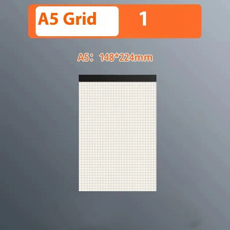 A5, B5, and A4 writing pads with tearable pages in blank, grid, and lined rulings