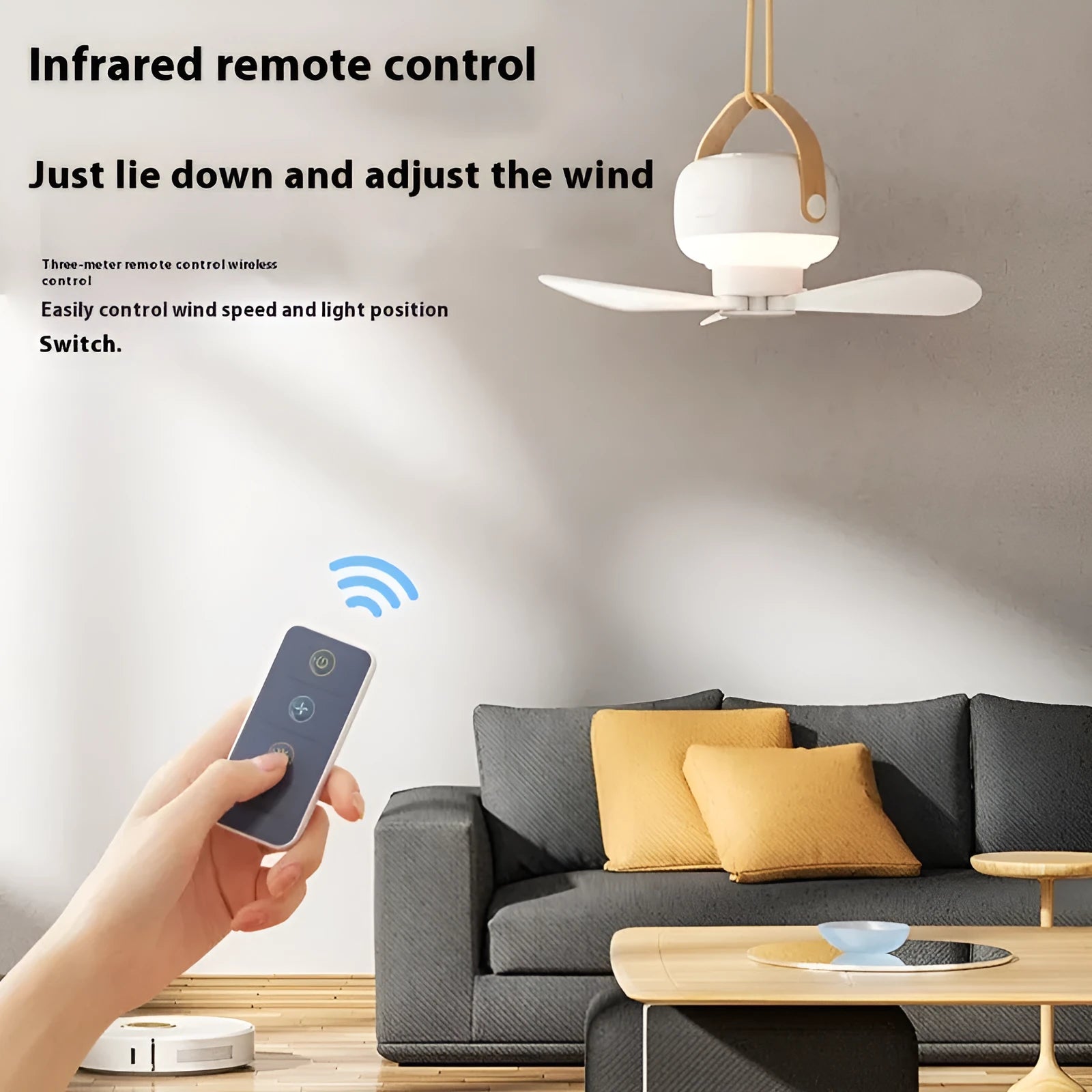 Small white rechargeable ceiling fan with remote control and strap for camping.