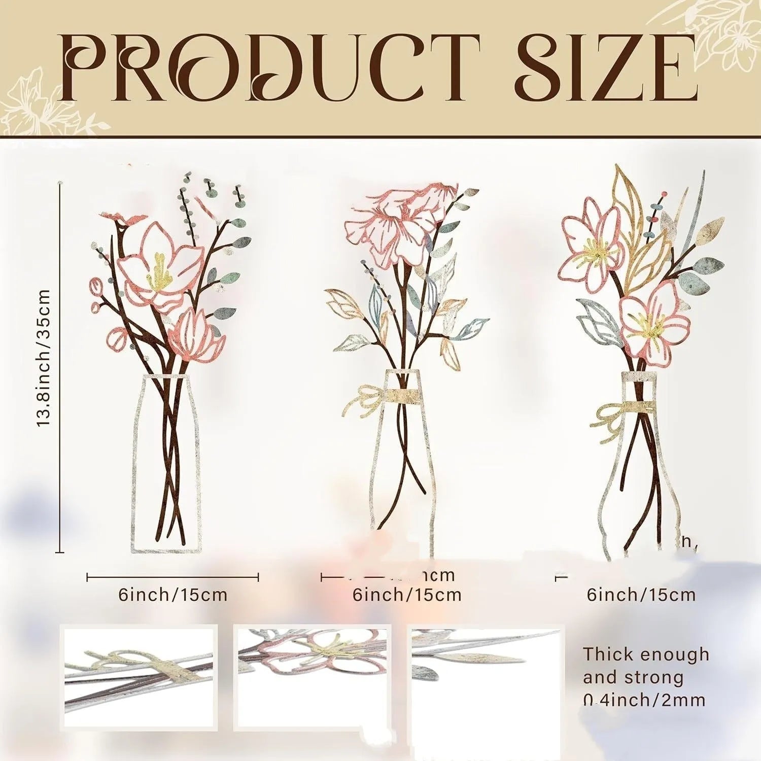 Three-piece metal flower wall art set in country farmhouse style for bathroom or general wall decor