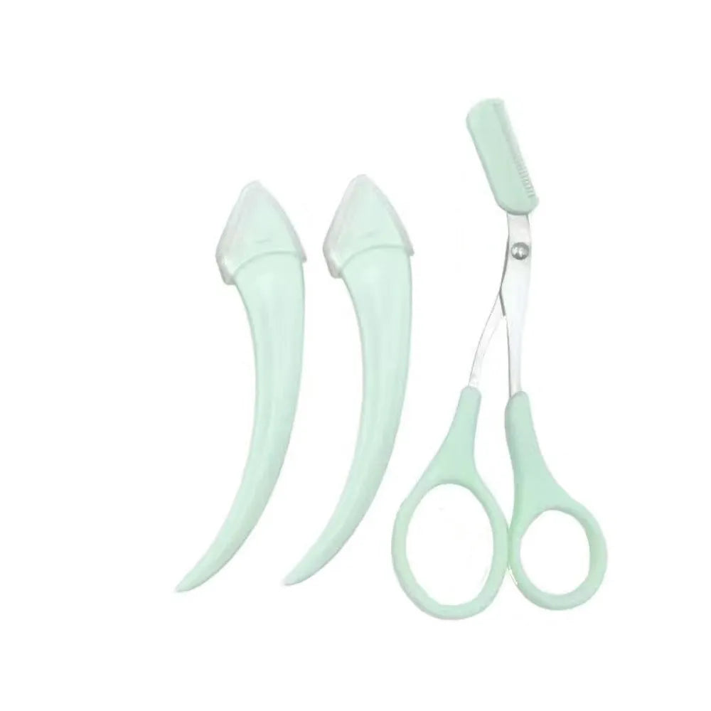 Curved moon eyebrow trimming knife set with comb in stainless steel and plastic