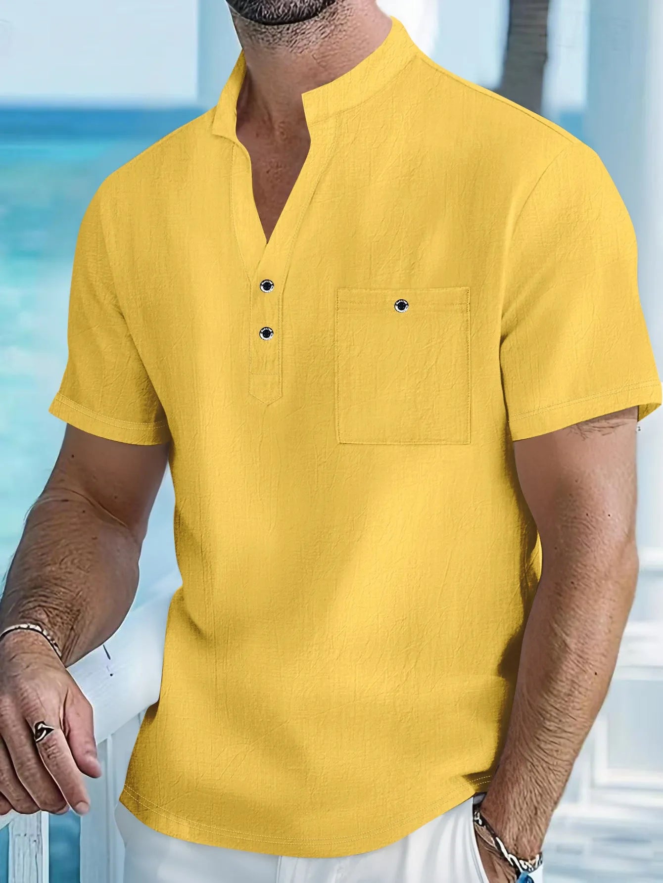 Men's linen blend stand collar short sleeve shirt in loose fit t-shirt style