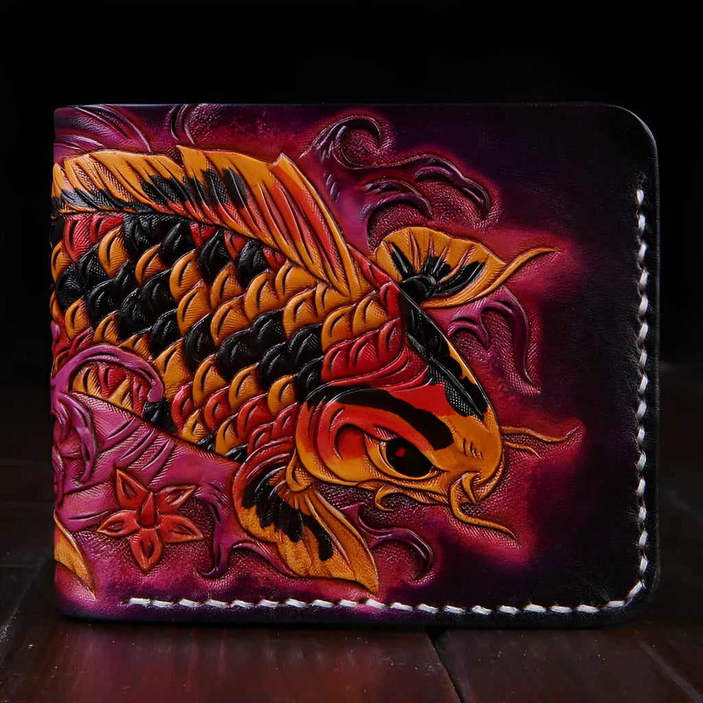 Men's carved cow leather short wallet in red, shown open, with dimensions 10cm by 12cm.