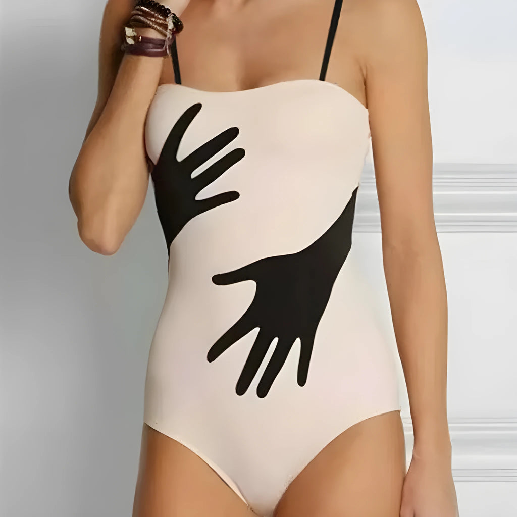 Women's solid-colour one-piece bikini swimsuit with optional gauze skirt.