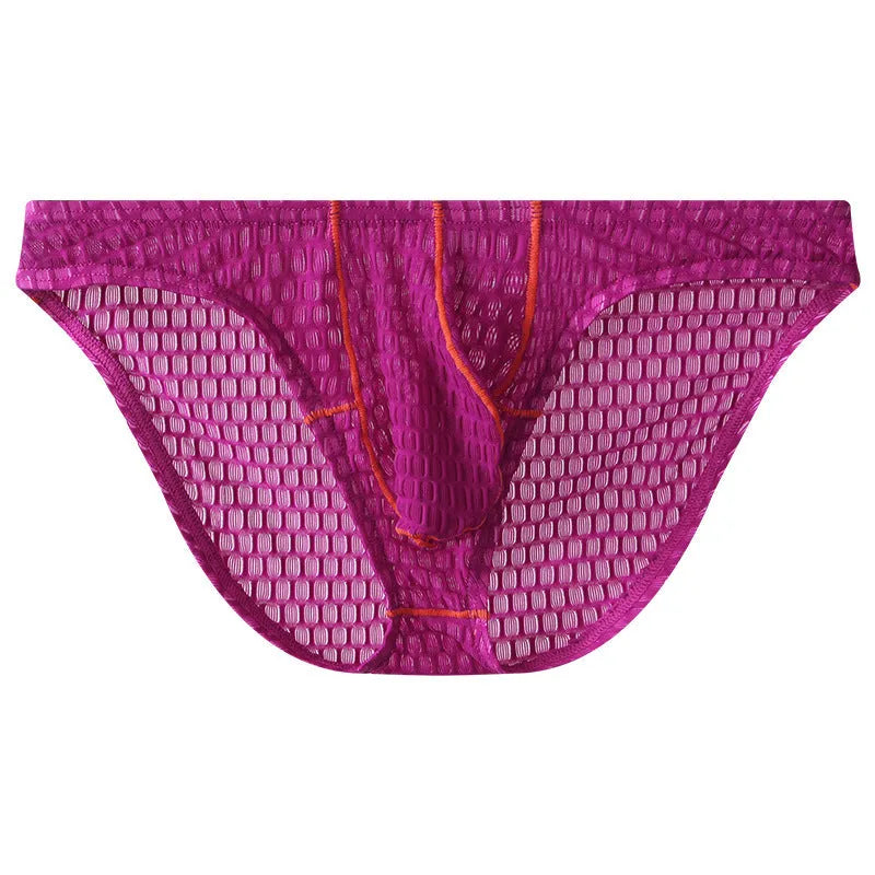 Men's white ice silk lace low waist briefs laid flat, showing the solid colour and lace fabric texture.