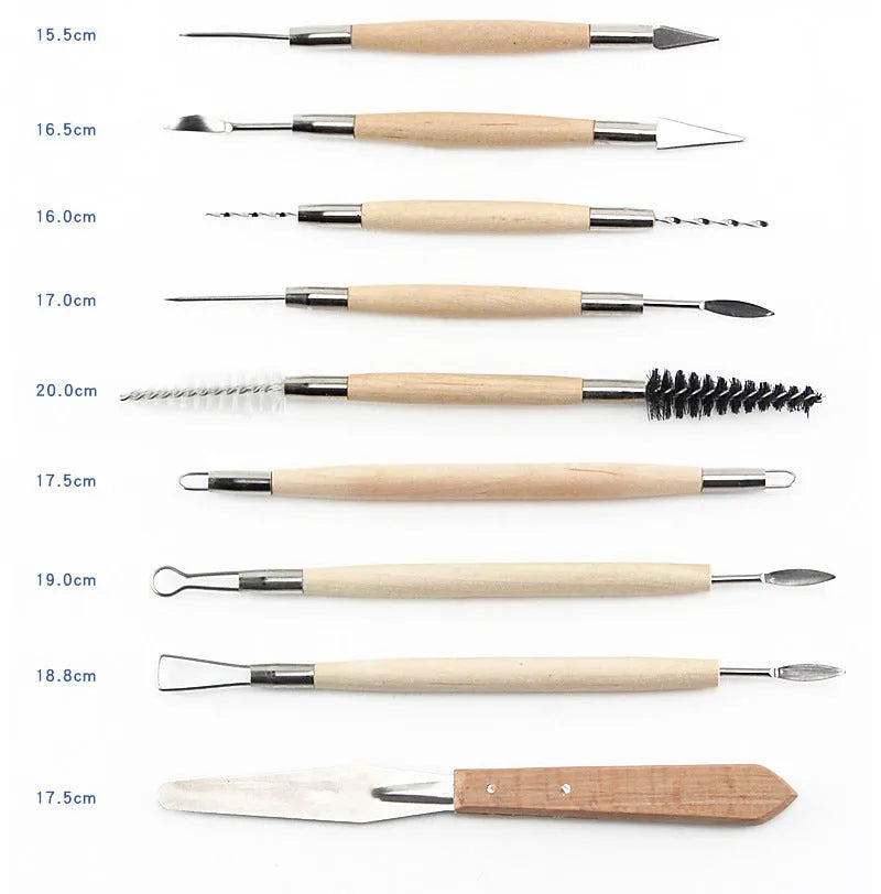 27-piece pottery clay tool set with wood, stainless steel, and plastic sculpting tools in OPP bag