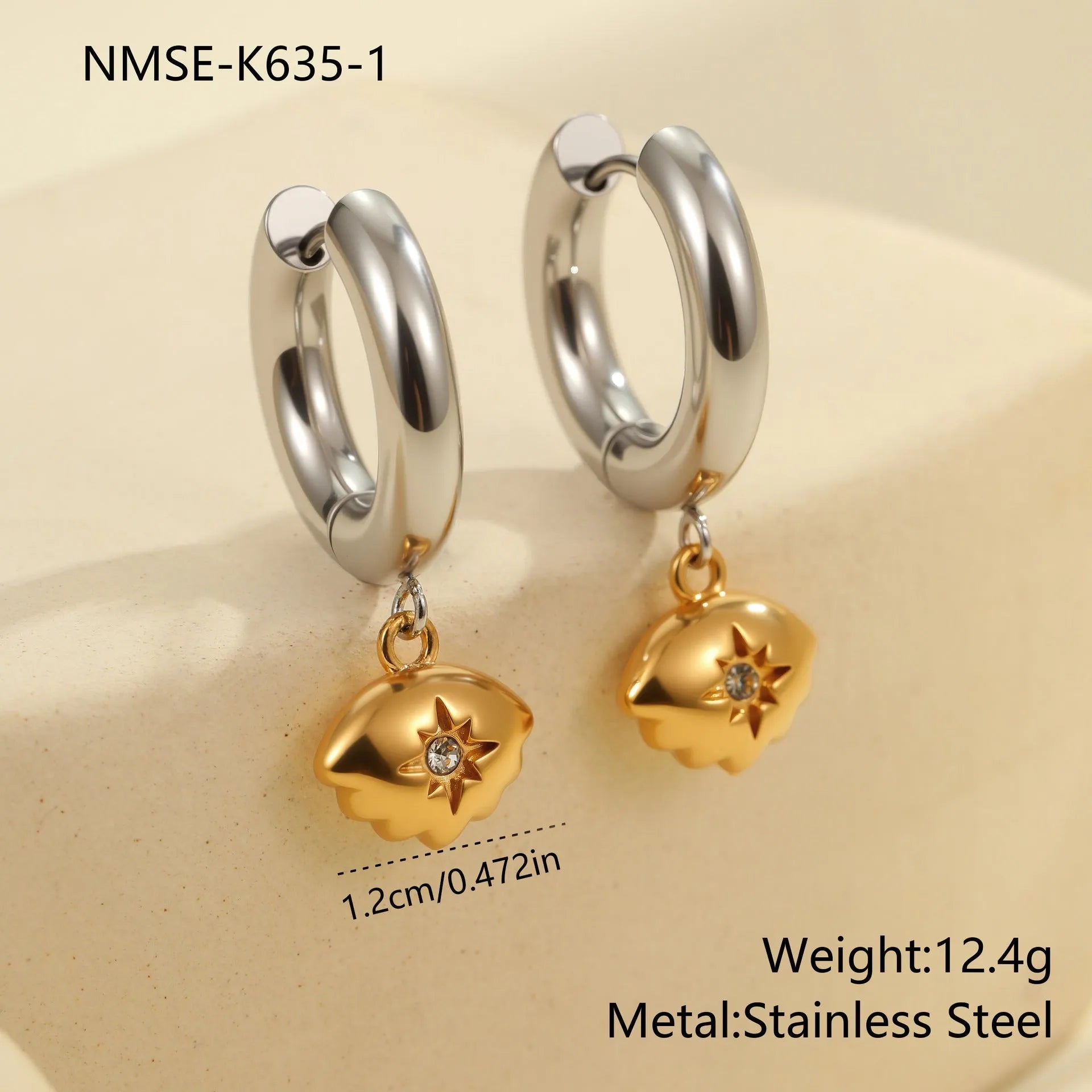 Gold Christmas tree earrings with heart and star shapes made from stainless steel with 18K plating
