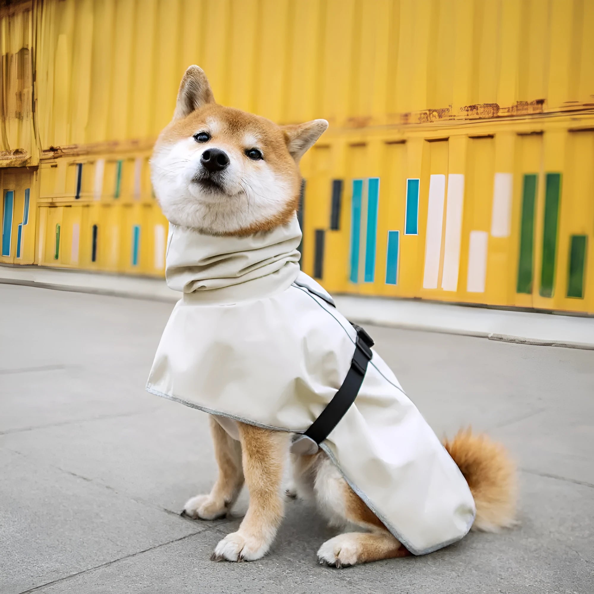 Outdoor waterproof pet dog raincoat in polyester, yellow colour, front view