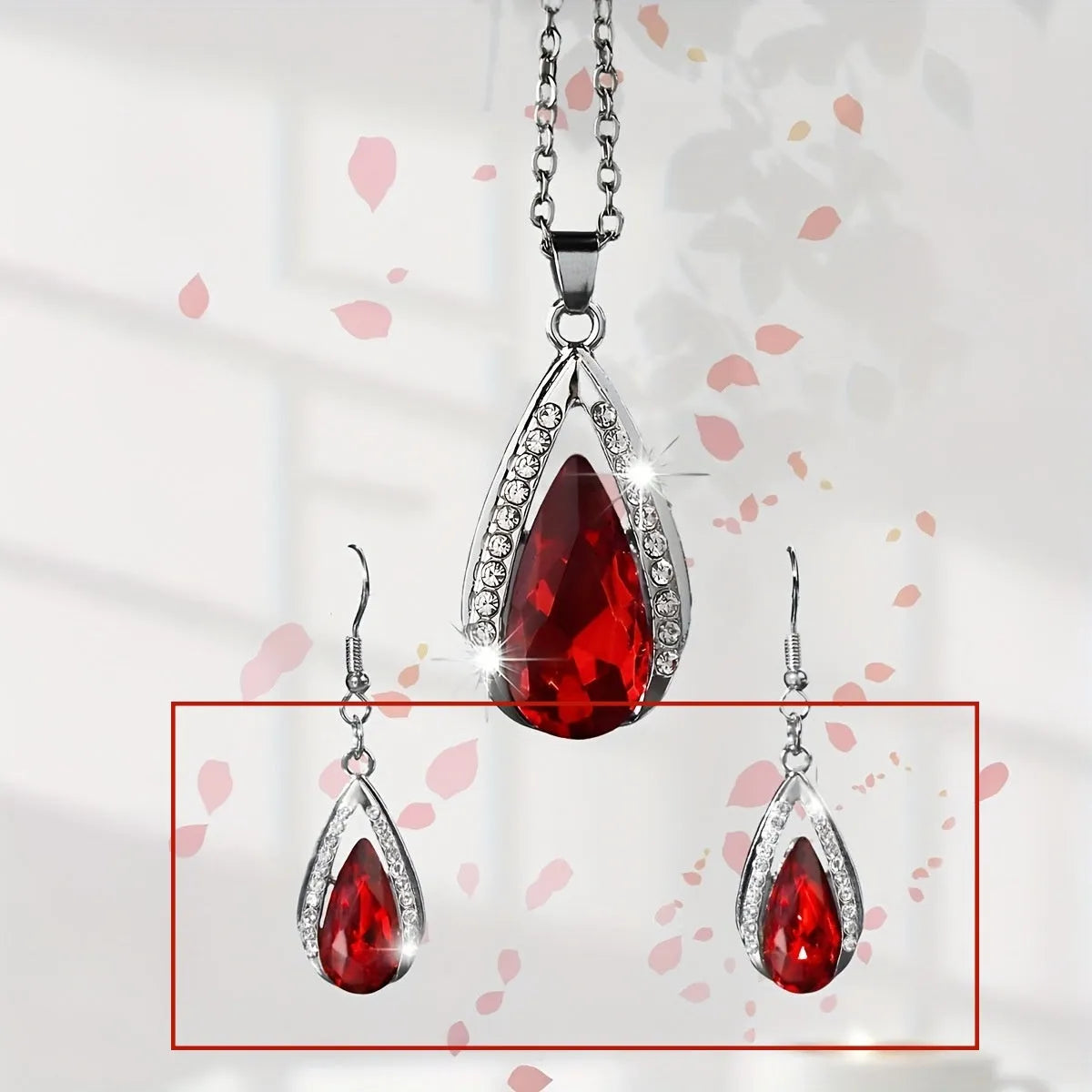 Black and red teardrop glass pendant necklace and matching earrings jewellery set