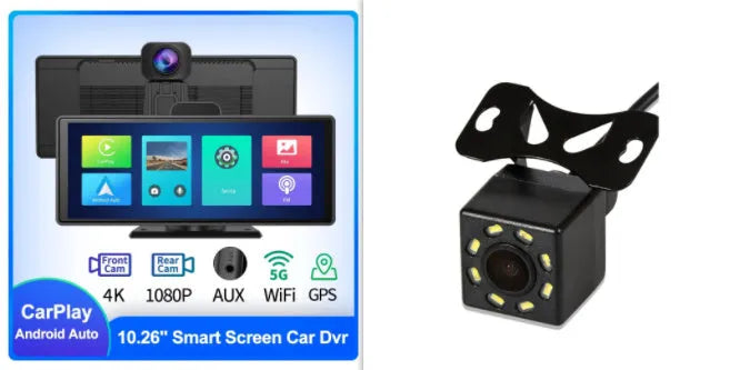 12-inch touch screen car dash cam unit for front and rear recording with wireless CarPlay.