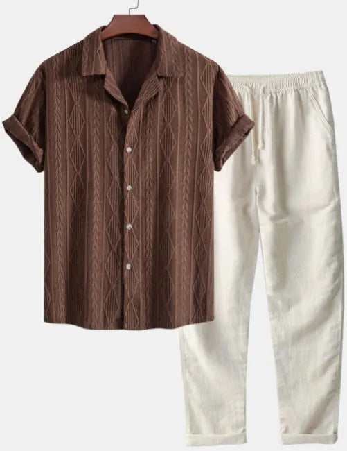 Camouflage print casual suit with short sleeve shirt and trousers in slim fit