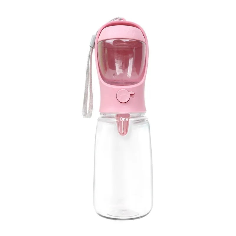 Blue portable plastic dog water bottle with flip-out drinking bowl for walks and travel.