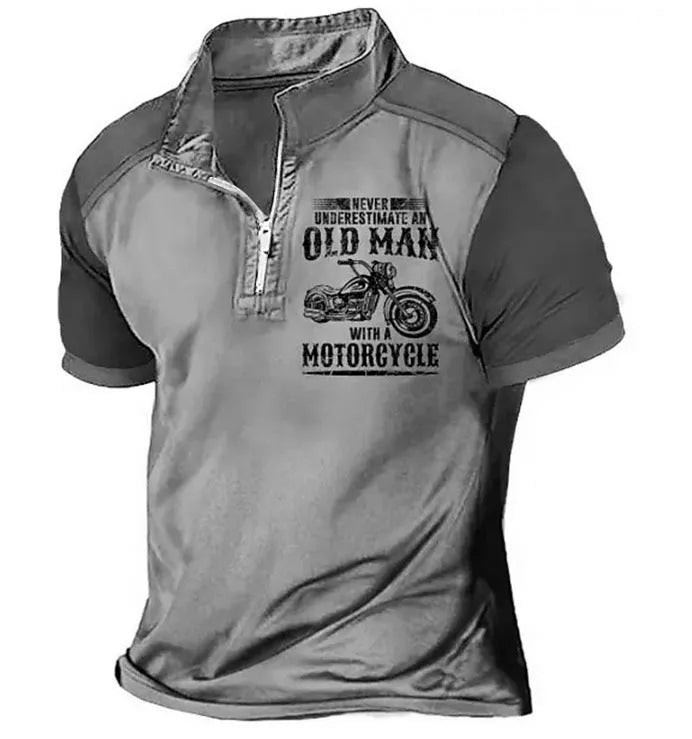Men's casual polo shirt with digital letter print, lapel collar, and decorative zipper details on short sleeves.