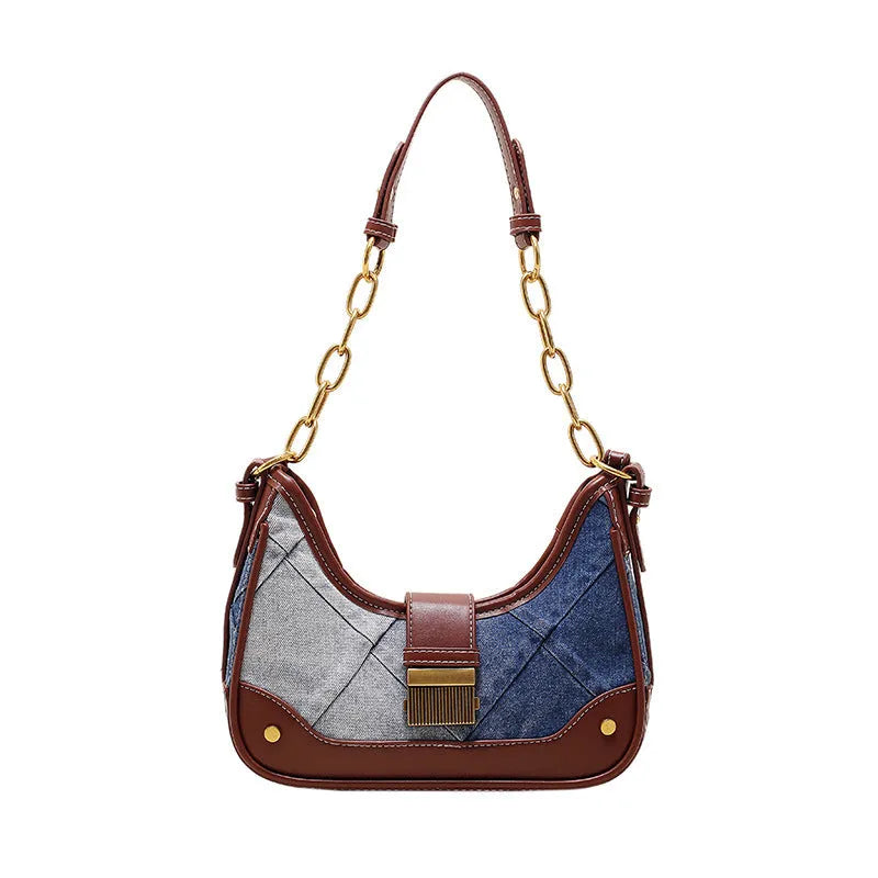 Brown denim women's shoulder bag with chain detailing and bucket shape design
