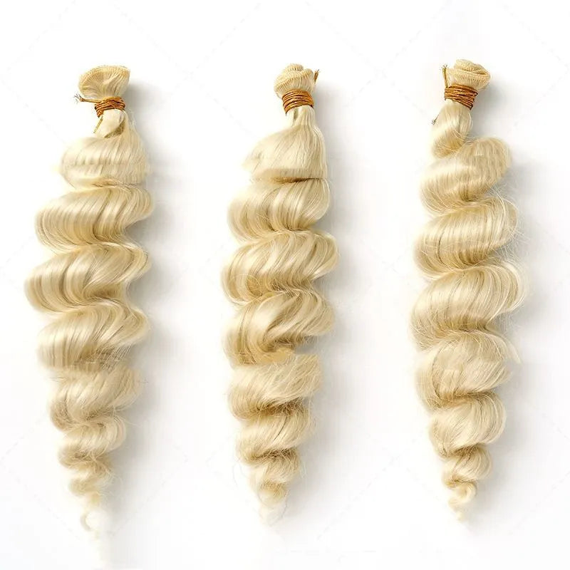 Golden synthetic hair weft wig for women shown in 18in, 20in, and 22in lengths.