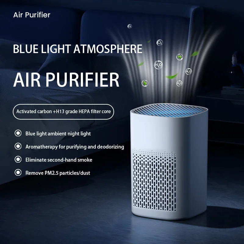 Simple style desktop air purifier with USB port for small room odour and smoke removal.