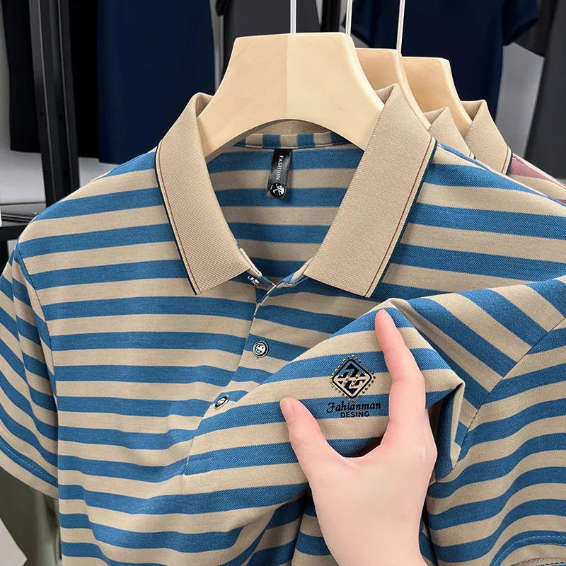 Men's striped short sleeve shirt with mosaic pattern in polyester fabric