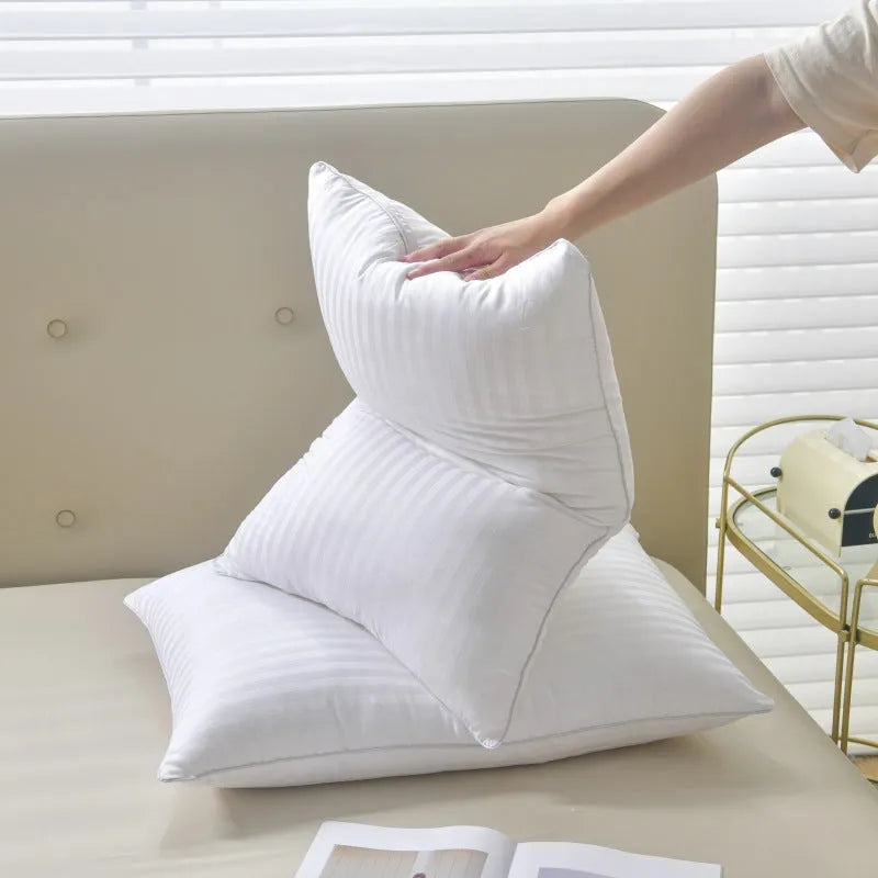 White cotton satin stripe pillow with a 2cm stripe, shown in low, medium, and high loft versions.