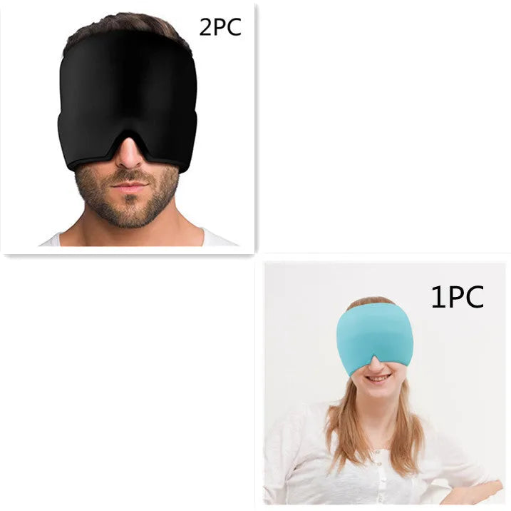 Black reusable gel ice mask for eyes and forehead on a white background