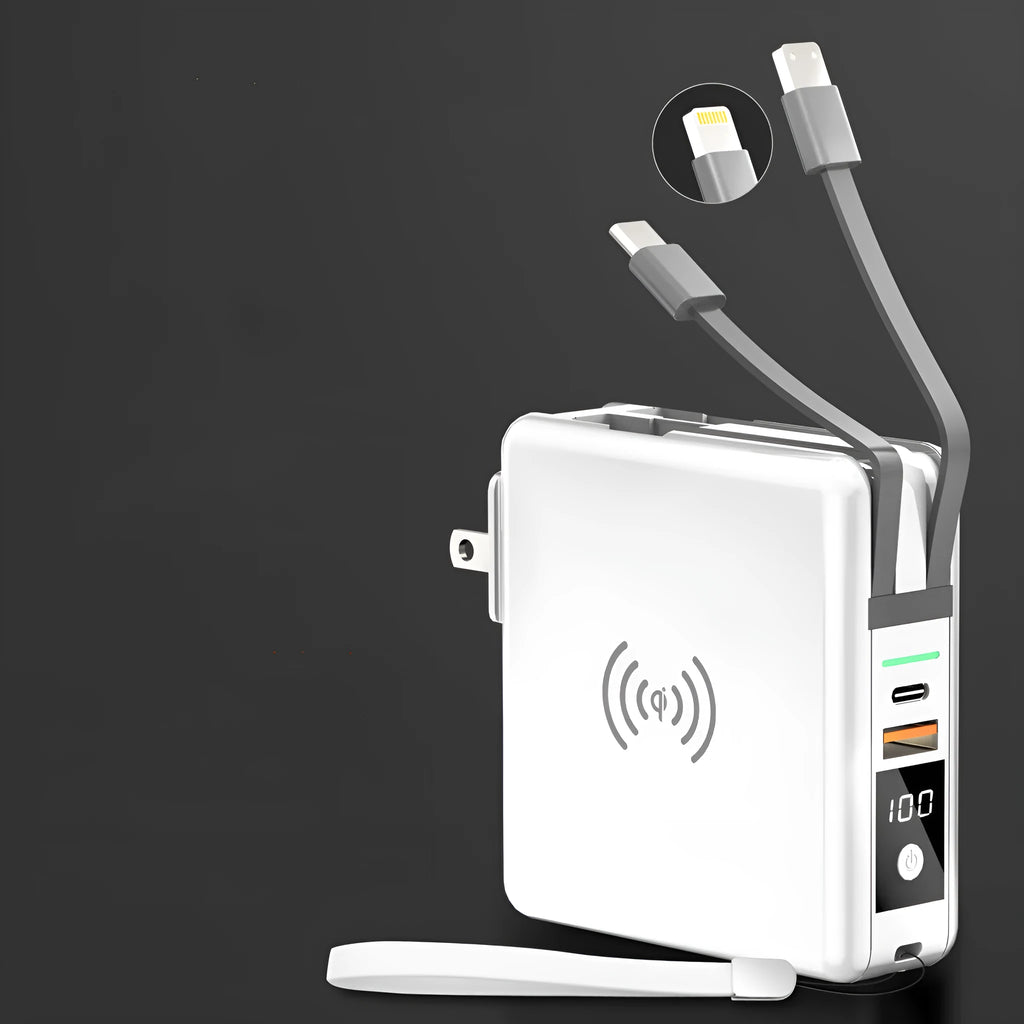 Black and white QI wireless charging power bank with PD20W fast charging and international travel plugs