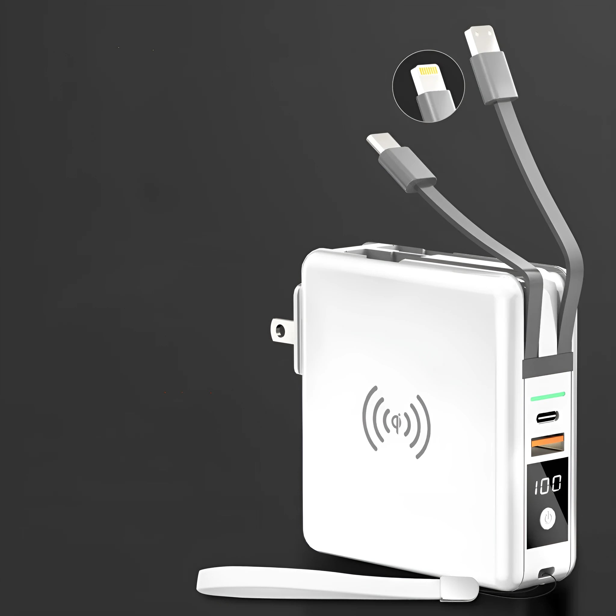 Black and white QI wireless charging power bank with PD20W fast charging and international travel plugs