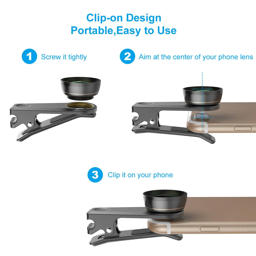 Black universal 6-in-1 mobile phone lens kit showing fisheye, macro, wide angle, telephoto, CPL and star filter lenses with clip.