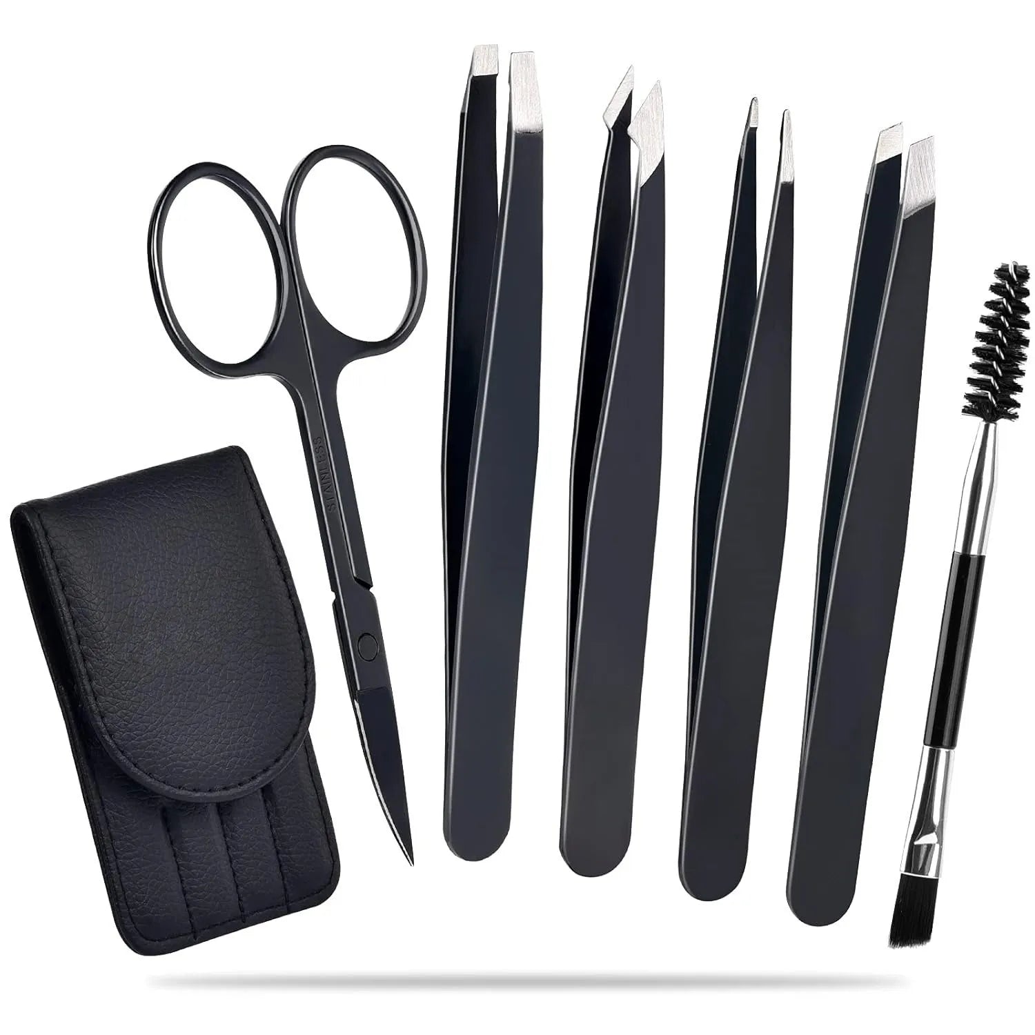 Professional 6-piece stainless steel eyebrow tweezers set with curved scissors in leather case