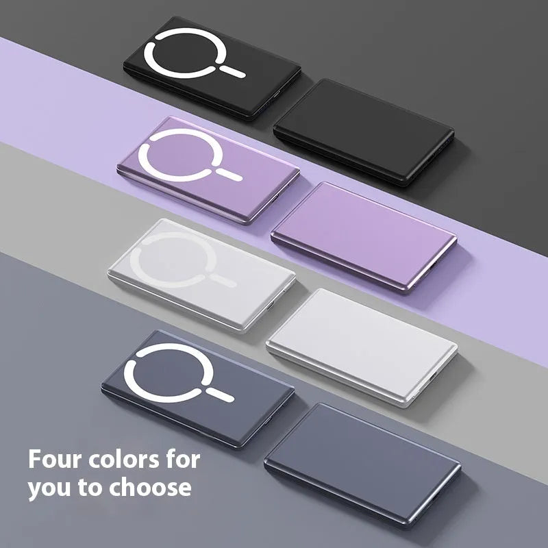 Ultra-thin magnetic power bank in dark grey, silver, black, or violet colours showing compact design