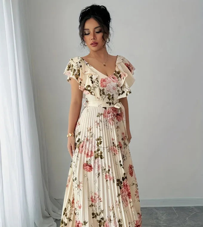 Apricot floral print dress with V-neck, ruffle sleeves, and swing skirt